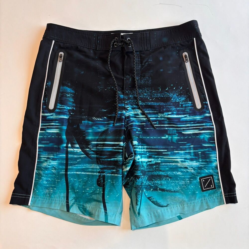American Eagle Mens Swim Board Shorts M Blue Beach Print 9" Inseam Zip Pockets